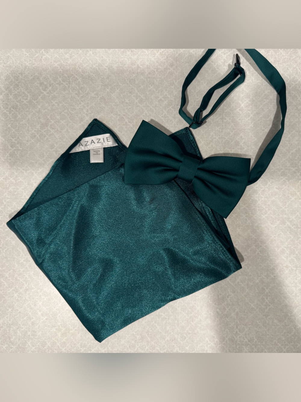 Azazie Satin Bow Tie and Pocket Square- Emerald